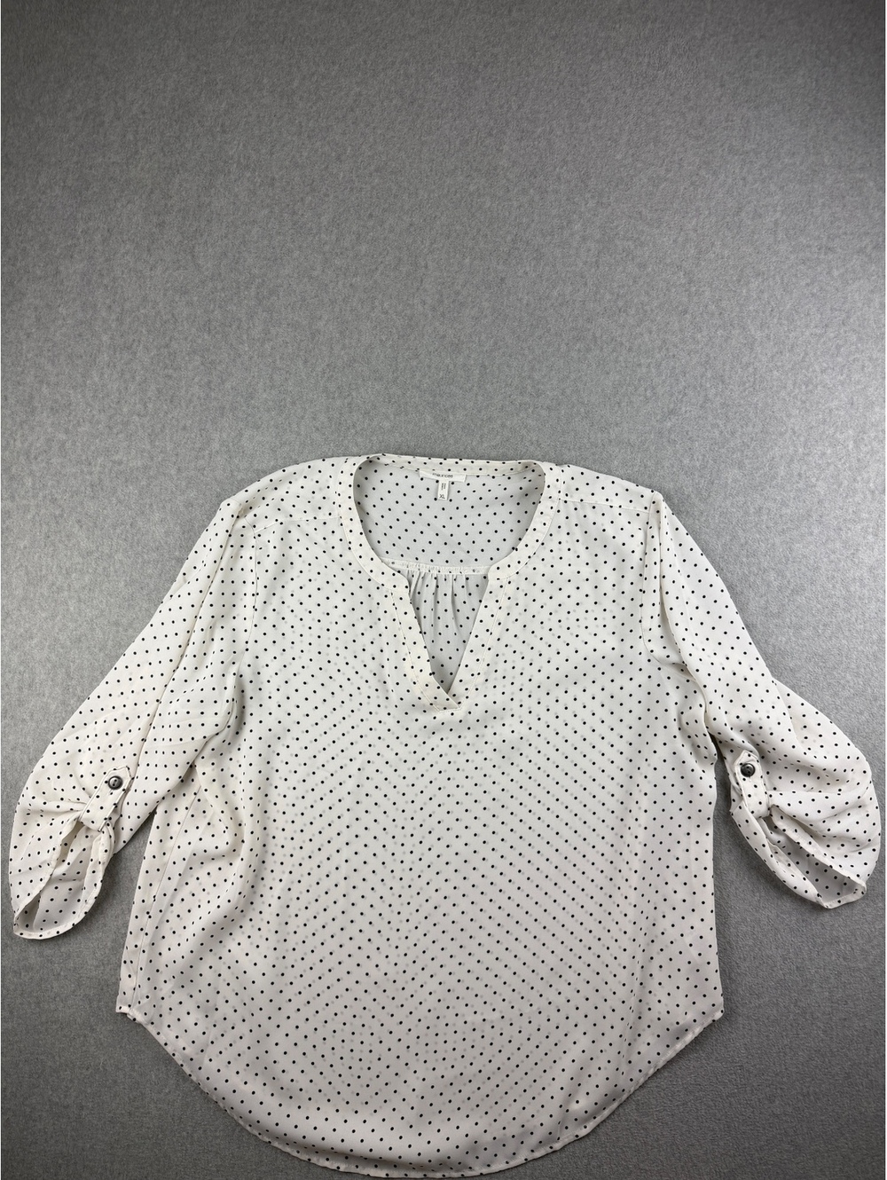 Maurices Womens XL White Black Polka Dot Blouse Roll Tab Sleeve Top